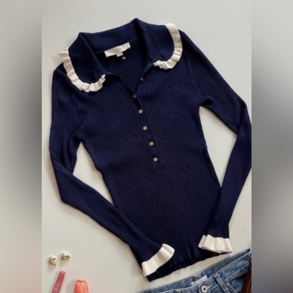 LOFT Elegant Navy 3/4 Button Down Sweater with White Accents Large